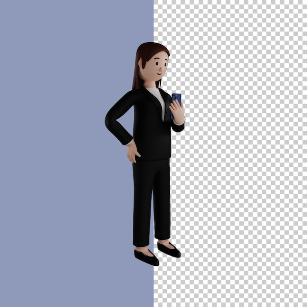 Mujeres en ropa formal sosteniendo un teléfono 3d render ilustración de personaje 3d