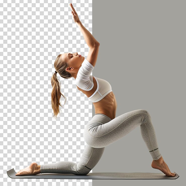 PSD mujeres solteras con ropa deportiva haciendo yoga aisladas en un fondo transparente
