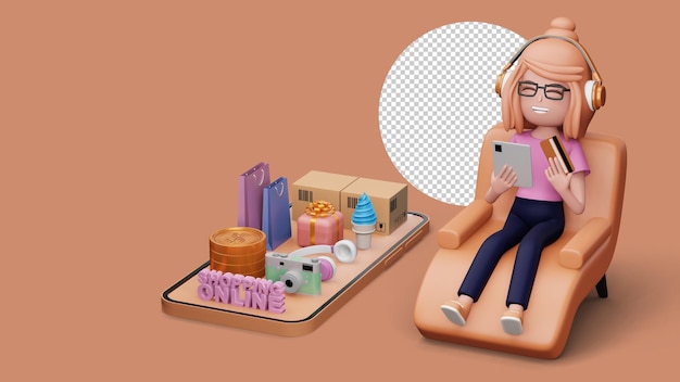 Las mujeres son felices ganando dinero con pequeñas empresas compras en línea representación 3d