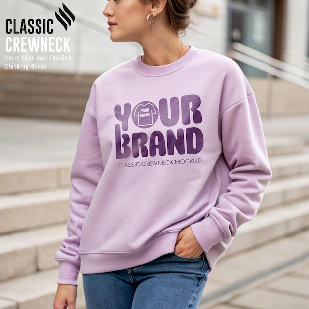Mujeres suave lila elegante mockup de cuello de cuadrilla con vibraciones urbanas