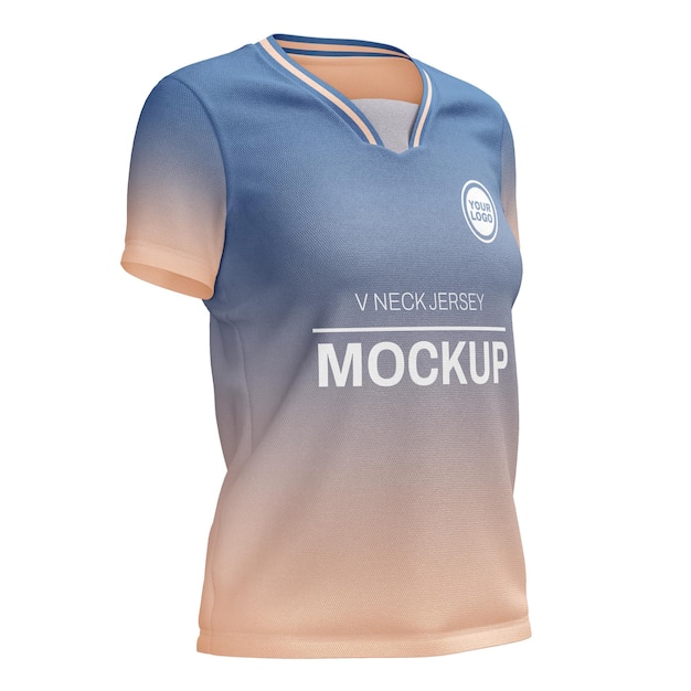 Mujeres v cuello con capa de cuello camiseta de manga corta maqueta de camiseta vista de la mitad delantera