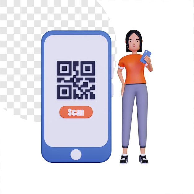 Mulher 3D mostra um código de barras em um telefone celular