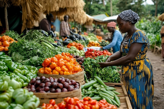 Mulher africana vendendo produtos frescos em um mercado ao ar livre