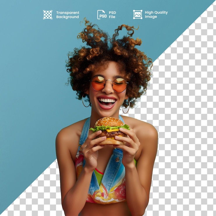 PSD mulher afro alegre e sorridente com hamburguer em fundo transparente alegre sorridente mulher afro