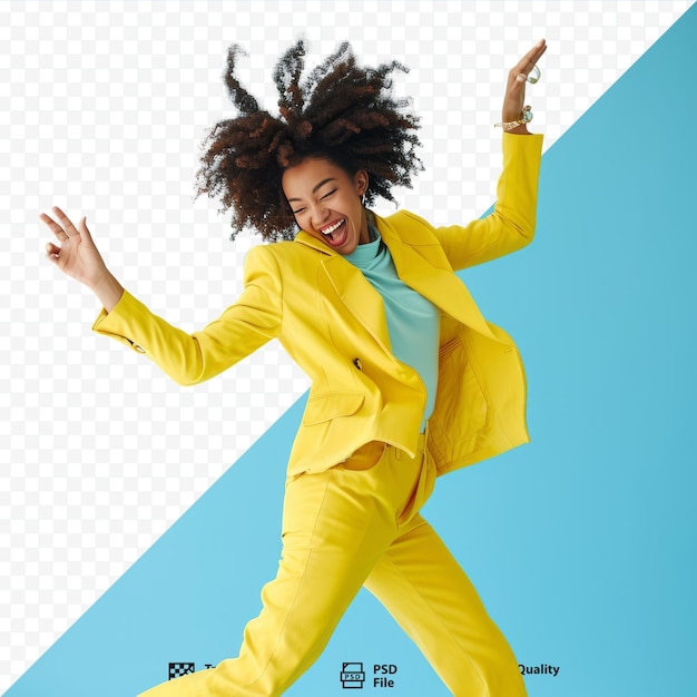 PSD mulher afro-americana alegre e enérgica se divertindo dançando no estúdio mulher louca em terno casual amarelo se divertindo perto do espaço de cópia em fundo isolado azul claro