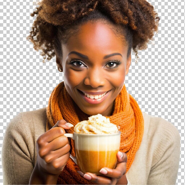 PSD mulher afro-americana bebendo uma especiaria de abóbora de outono em fundo transparente