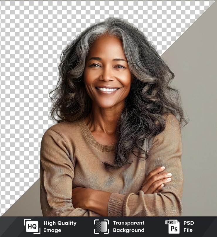 PSD mulher afro-americana de meia-idade sorrindo feliz e de pé com os braços cruzados
