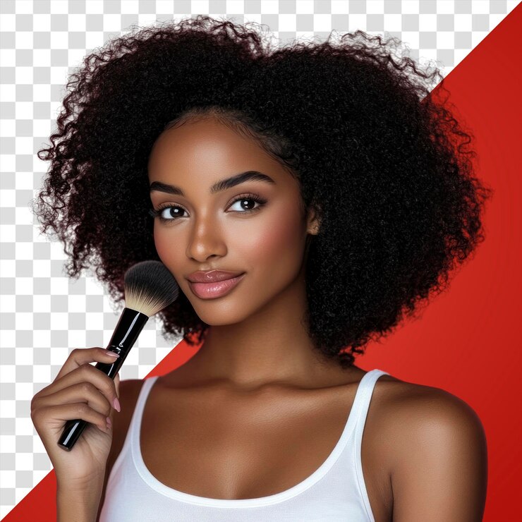 PSD mulher afro-americana de png com cabelos encaracolados segurando um pincel de maquiagem em fundo retrato de cosméticos