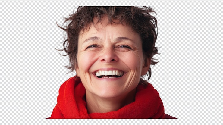 PSD mulher alegre com cabelos encaracolados usando um lenço vermelho brilhante sorri amplamente contra um fundo neutro em um momento sincero de felicidade