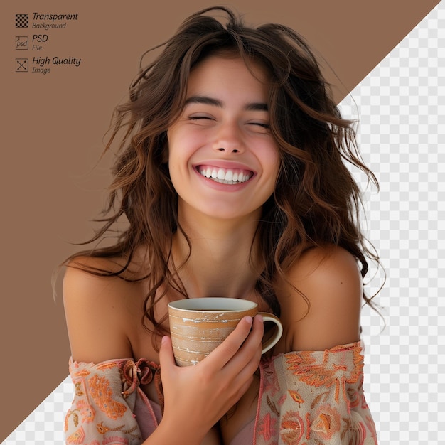 Mulher alegre com uma caneca de café em um fundo transparente