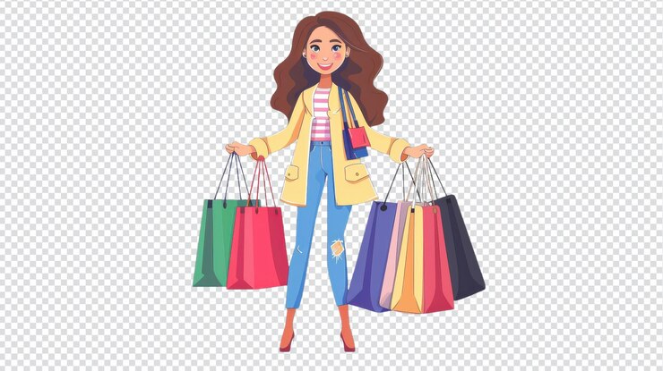 PSD mulher alegre comprando roupas de moda em fundo branco perfeita para publicidade de moda