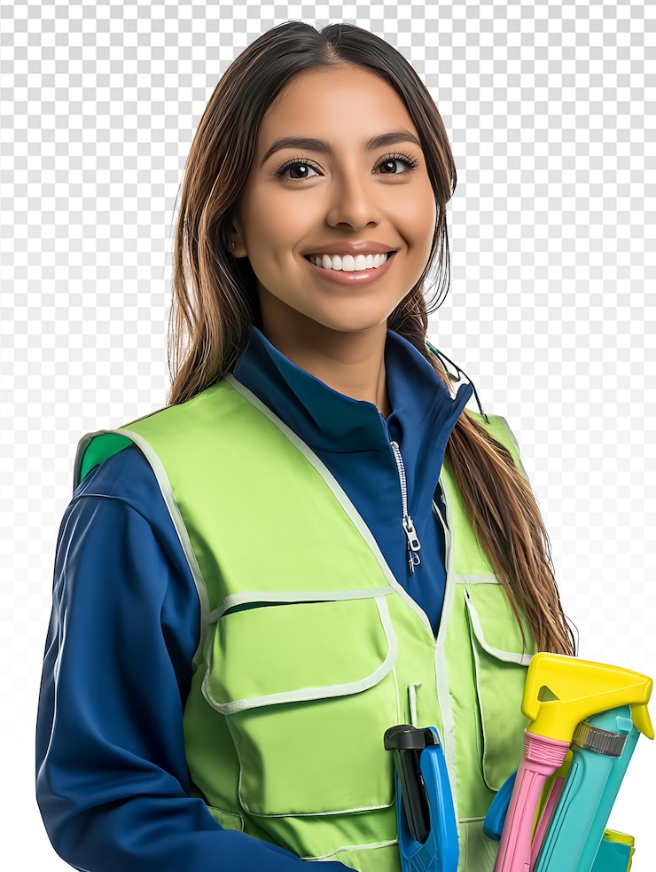 PSD mulher alegre em uniforme de limpeza com suprimentos