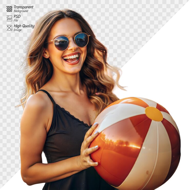 PSD mulher alegre segurando uma bola de praia com um sorriso radiante