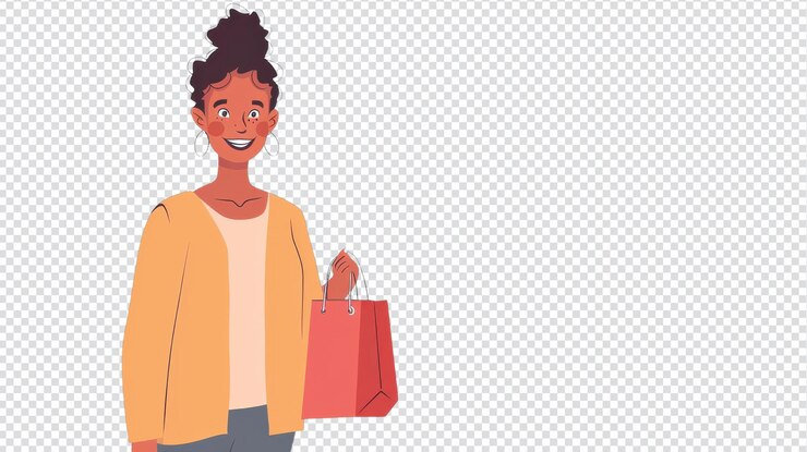 PSD mulher alegre segurando uma bolsa de compras enquanto sorri em um cenário brilhante para promoções de varejo