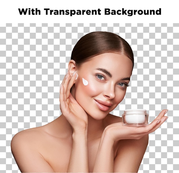 Mulher aplicando creme no rosto com fundo transparente