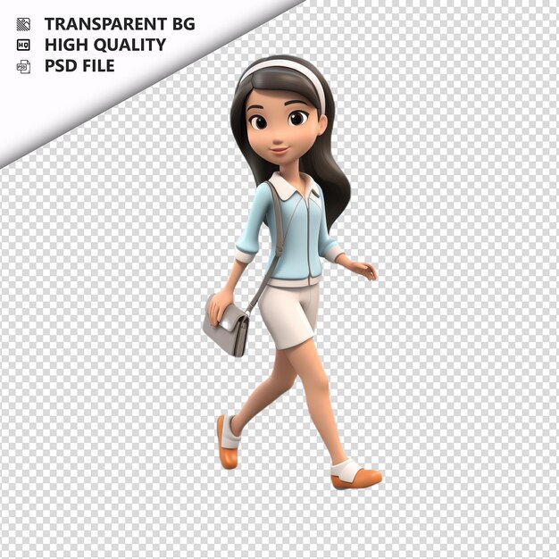 PSD mulher asiática caminhando em 3d estilo de desenho animado com fundo branco iso