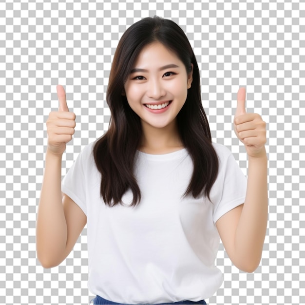 PSD mulher asiática confiante mostrando o polegar em aprovação recomendando como smth bom de pé sobre