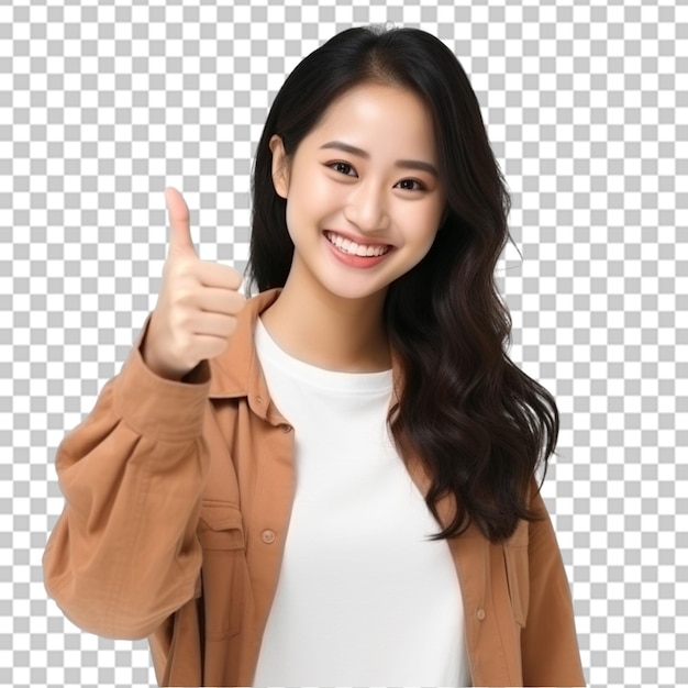 Mulher asiática confiante mostrando o polegar em aprovação recomendando como smth bom de pé sobre