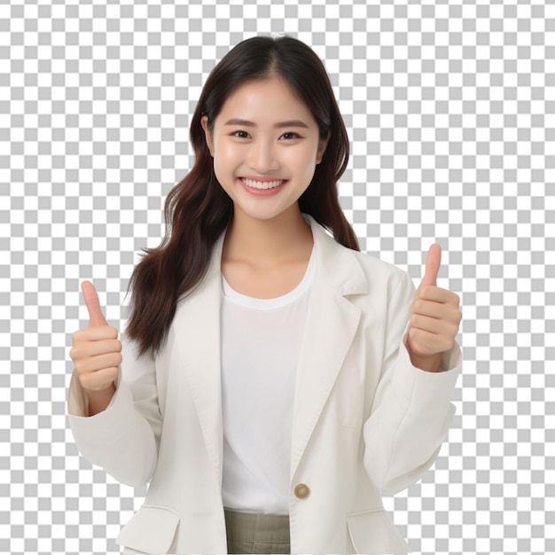 PSD mulher asiática confiante mostrando o polegar em aprovação recomendando como smth bom de pé sobre
