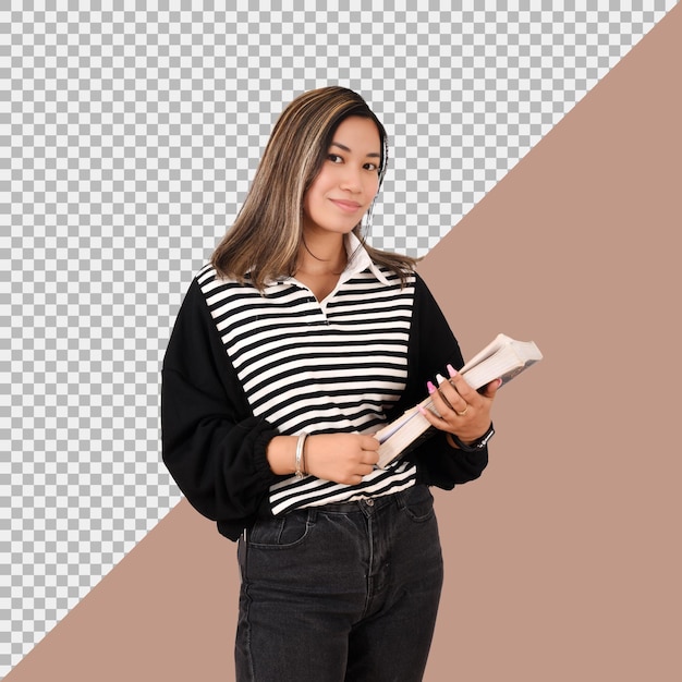 Mulher asiática de pé de frente com um livro