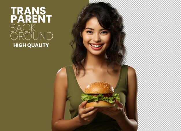 PSD mulher asiática feliz carregando hambúrguer aqui na mão