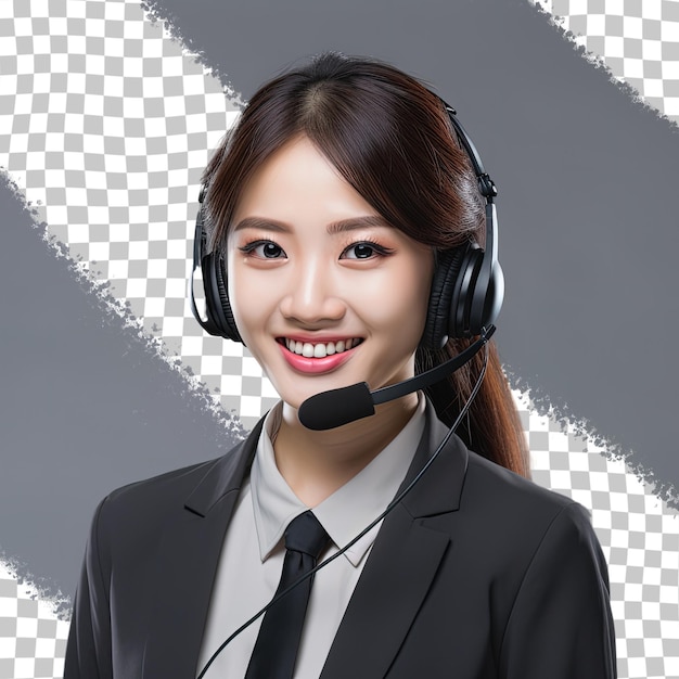 Mulher asiática trabalhando em um call center sorrindo e isolada em fundo transparente representando suporte ao cliente e serviço ao cliente