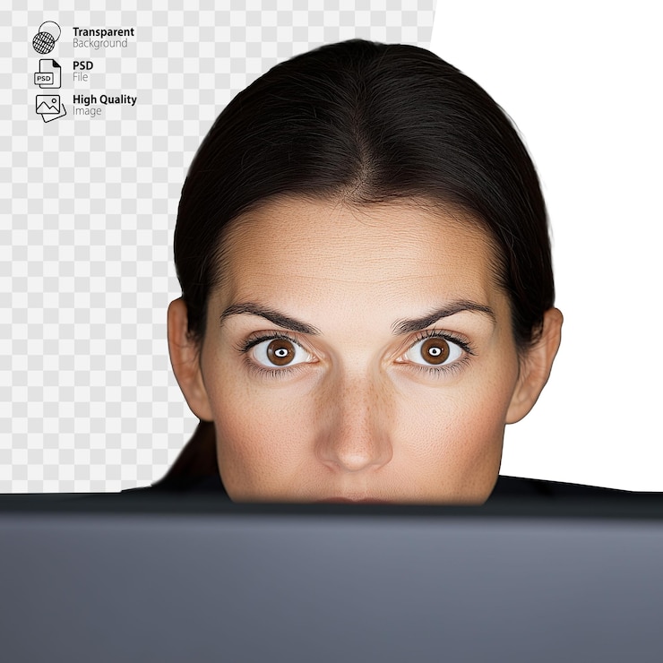 PSD mulher atentamente focada enquanto usa um laptop olhos abertos em um fundo transparente