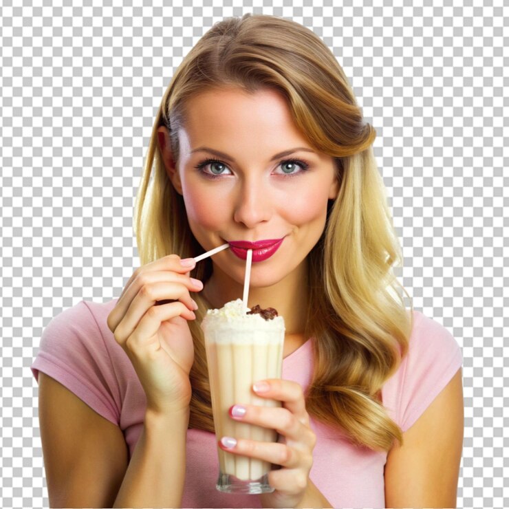 PSD mulher bebendo milkshake em fundo transparente