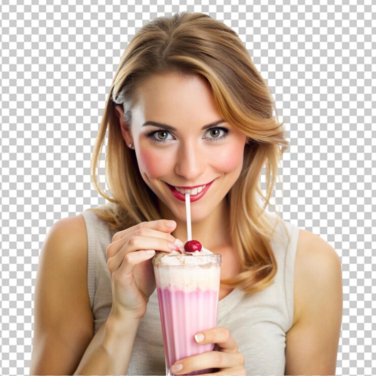 PSD mulher bebendo milkshake em fundo transparente