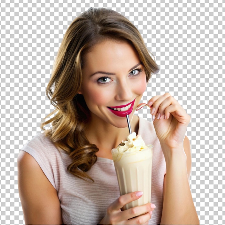 PSD mulher bebendo milkshake em fundo transparente