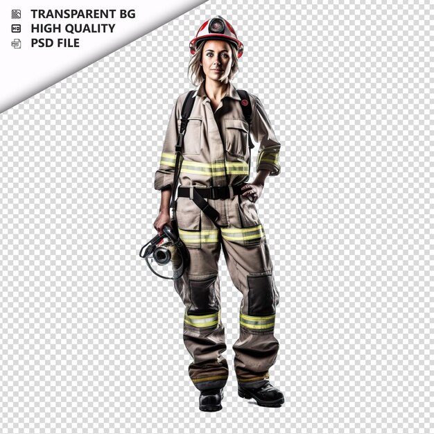 PSD mulher-bombeiro europeia em fundo branco isolado branco