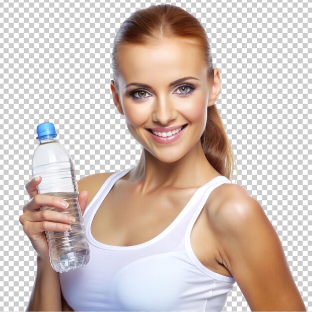 PSD mulher bonita com uma garrafa de água em fundo transparente