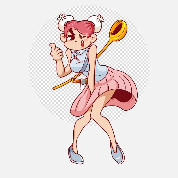 PSD mulher bonita logotipo do chef saborosa comida doce arte desenhada à mão dos desenhos animados