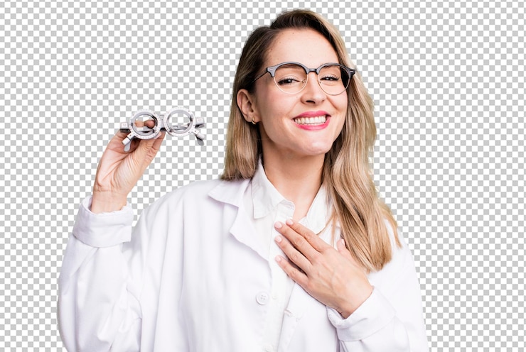 PSD mulher bonita loira com um teste de visão óptica