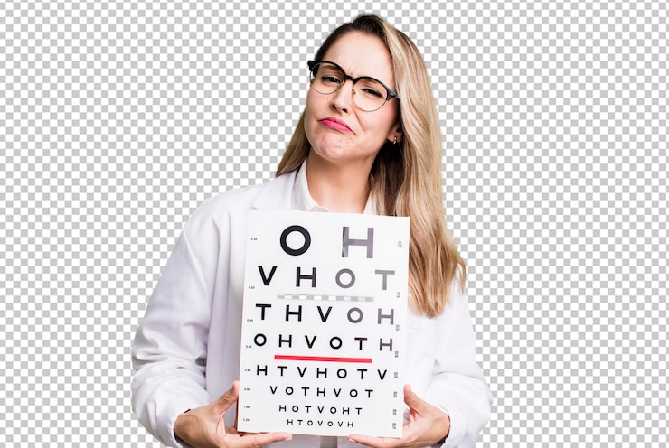 PSD mulher bonita loira com um teste de visão óptica
