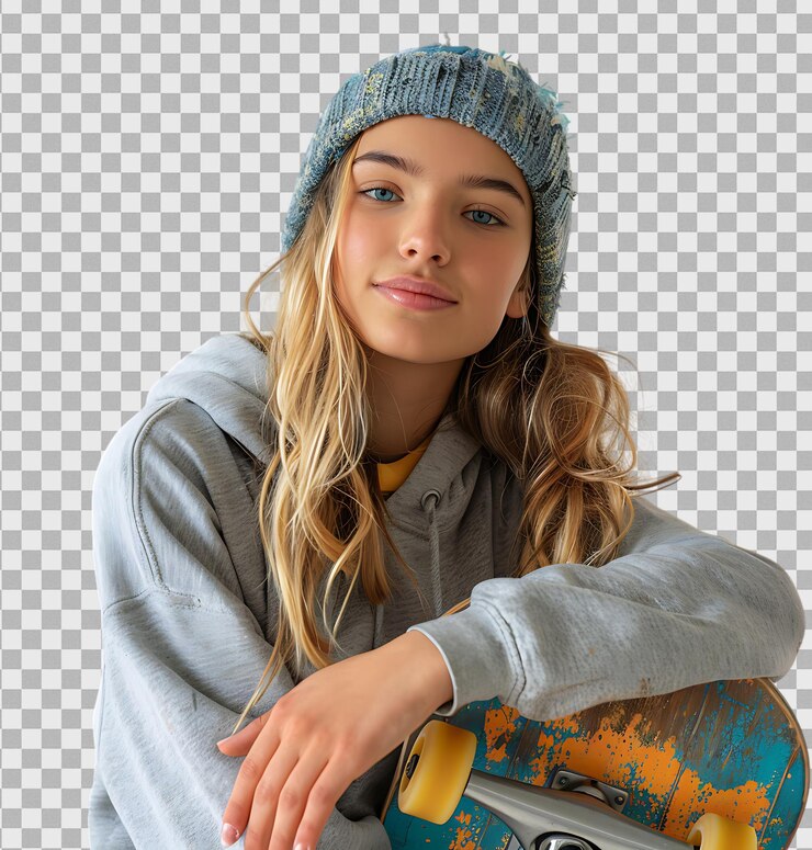 PSD mulher bonita segurando um skate em um fundo transparente