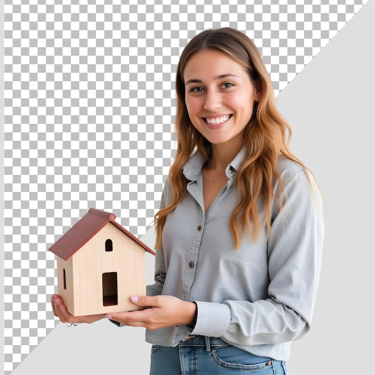 PSD mulher bonita segurando uma casa em miniatura vendas de propriedade