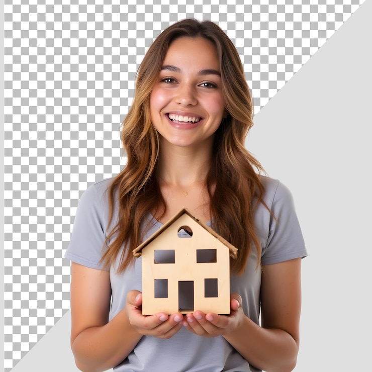 PSD mulher bonita segurando uma casa em miniatura vendas de propriedade