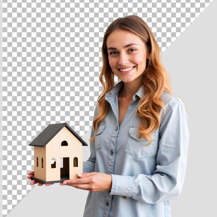 PSD mulher bonita segurando uma casa em miniatura vendas de propriedade