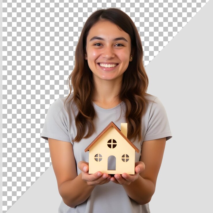 PSD mulher bonita segurando uma casa em miniatura vendas de propriedade