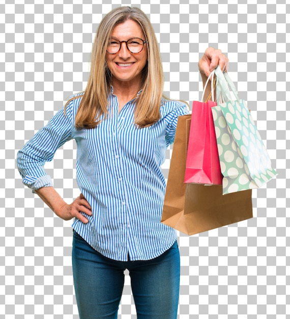 PSD mulher bonita sênior com sacolas de compras