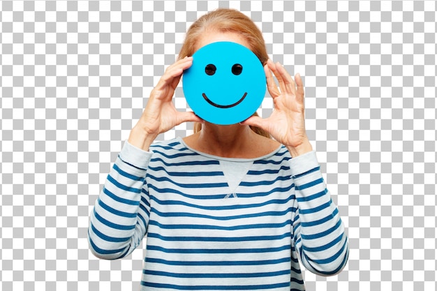 Mulher bonita sênior com um emoticon sorridente