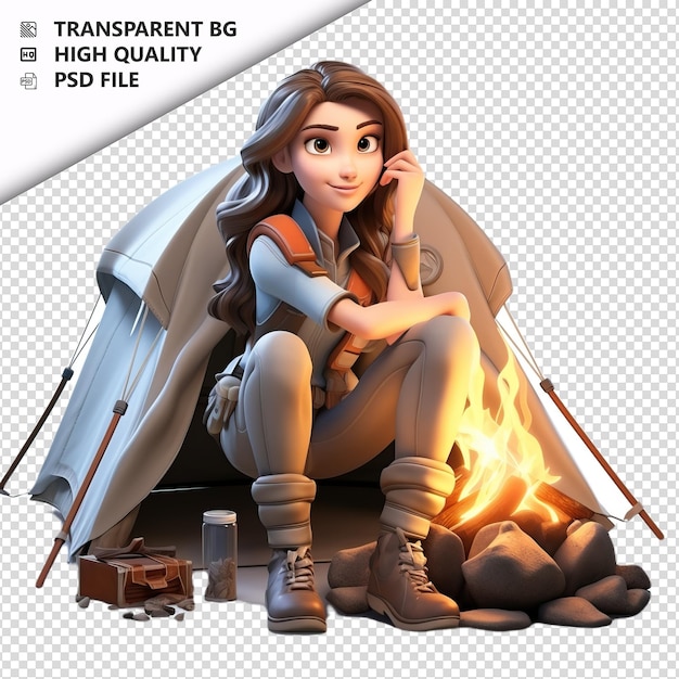 PSD mulher branca acampando 3d estilo de desenho animado fundo branco iso