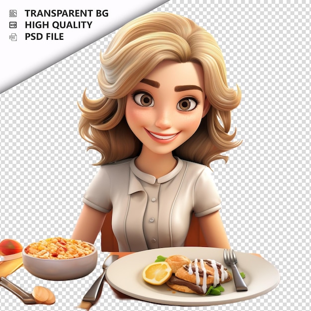 PSD mulher branca comendo 3d estilo de desenho animado isolamento de fundo branco