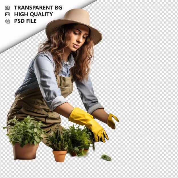 PSD mulher branca jardinagem estilo ultra realista fundo branco