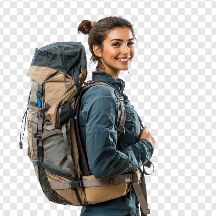 PSD mulher caminhante sorridente carregando mochila vista lateral isolada em fundo transparente