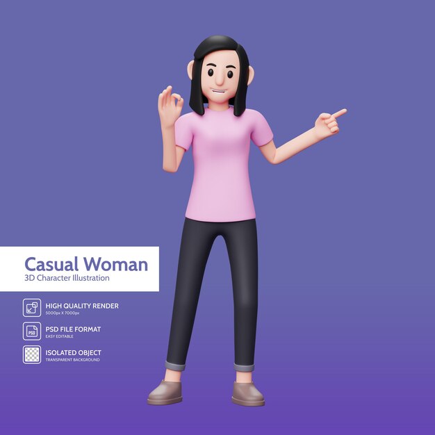 PSD mulher casual apontando para recomendar algo e mão direita com dedo ok 3d render ilustração de personagem