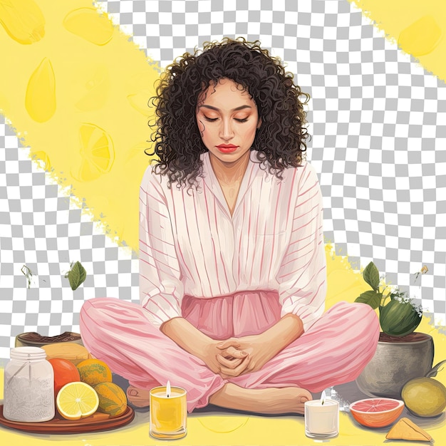 PSD mulher cautelosa do sudeste asiático em vestuário caseiro de fabricação de velas posando em postura sentada tranquila com cabelo encaracolado ambiente de limão pastel