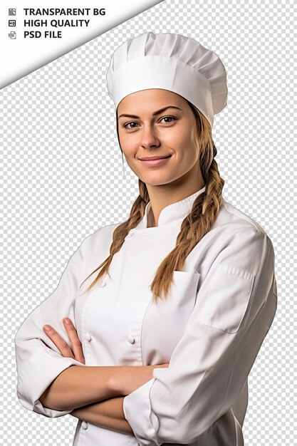 PSD mulher chef ou cozinheira europeia em fundo branco iso branco