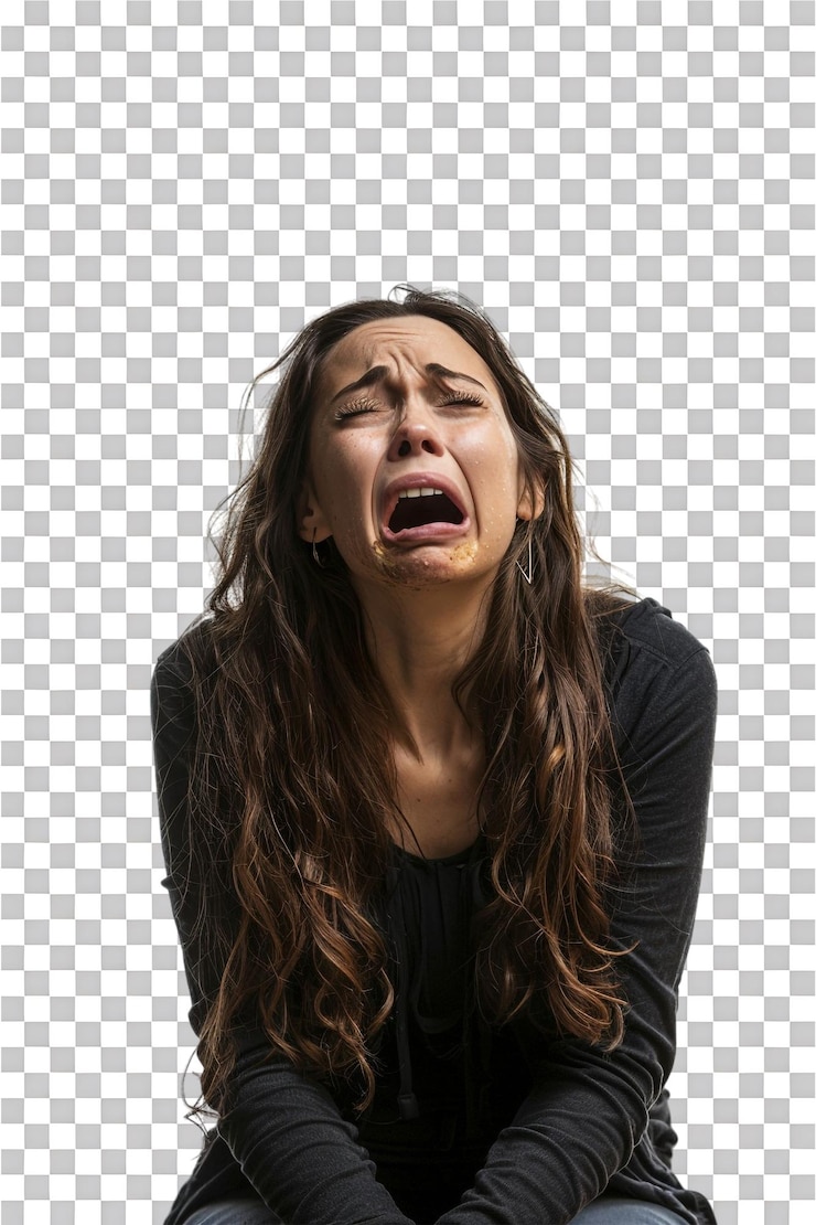 PSD mulher chorando sozinha em fundo transparente